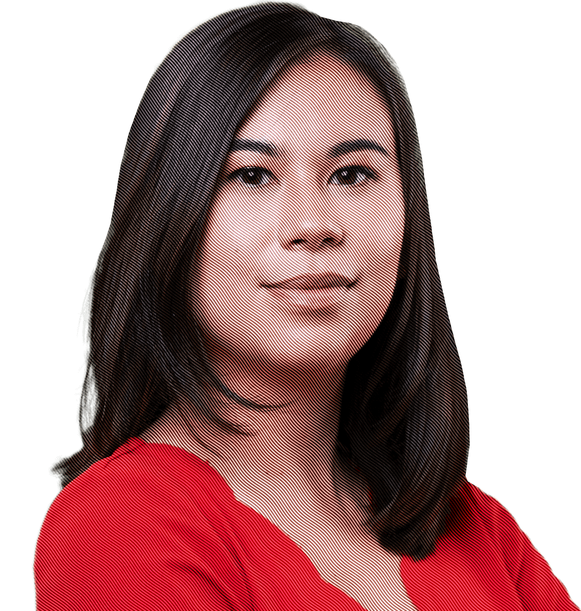 A headshot of a woman with light skin and long, dark hair wearing a bright red blouse.